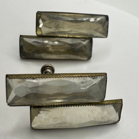 Antique Art Deco 1920s brass Czech glass sterling silver screw back earrings - Picture 5 of 10